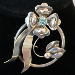 Harry Iskin Brooch Sterling Silver Blue Topaz Flower Modernist Costume Jewelry